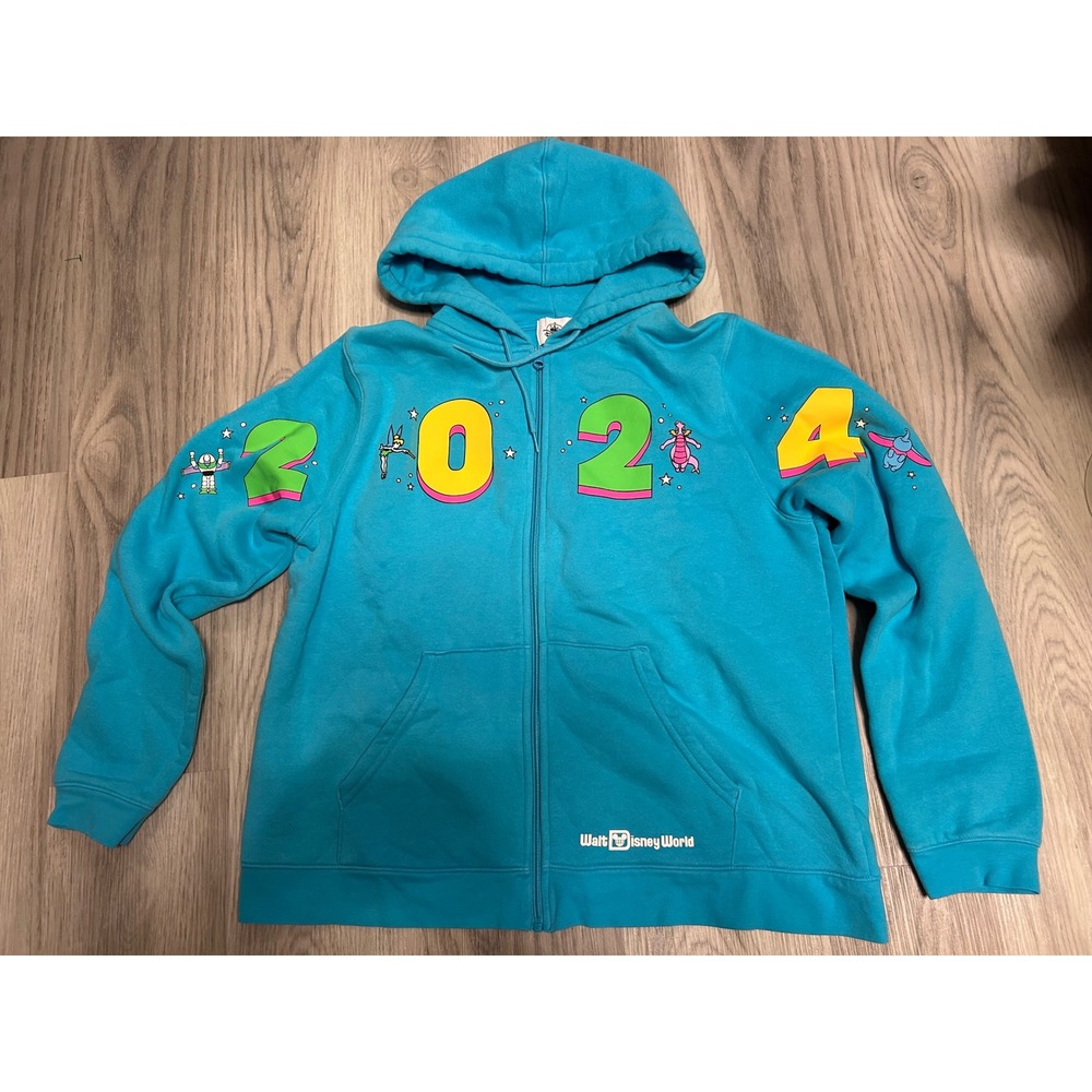 Disney Unisex Walt Disney World 2024 Character‎ Zip Hoodie Cotton XL Turquoise